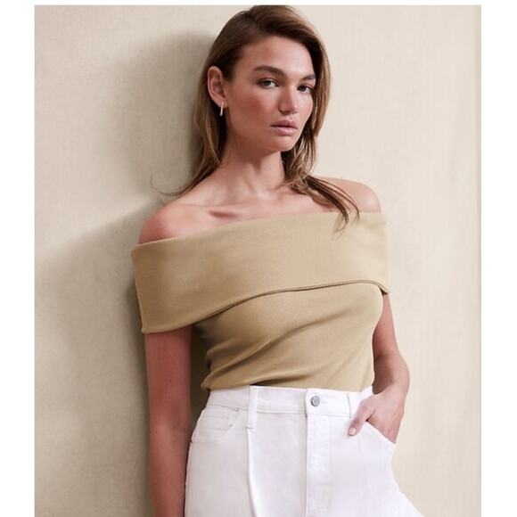 Banana Republic Factory Maverick Tan Ribbed Off Shoulder Top - Picture 1 of 6